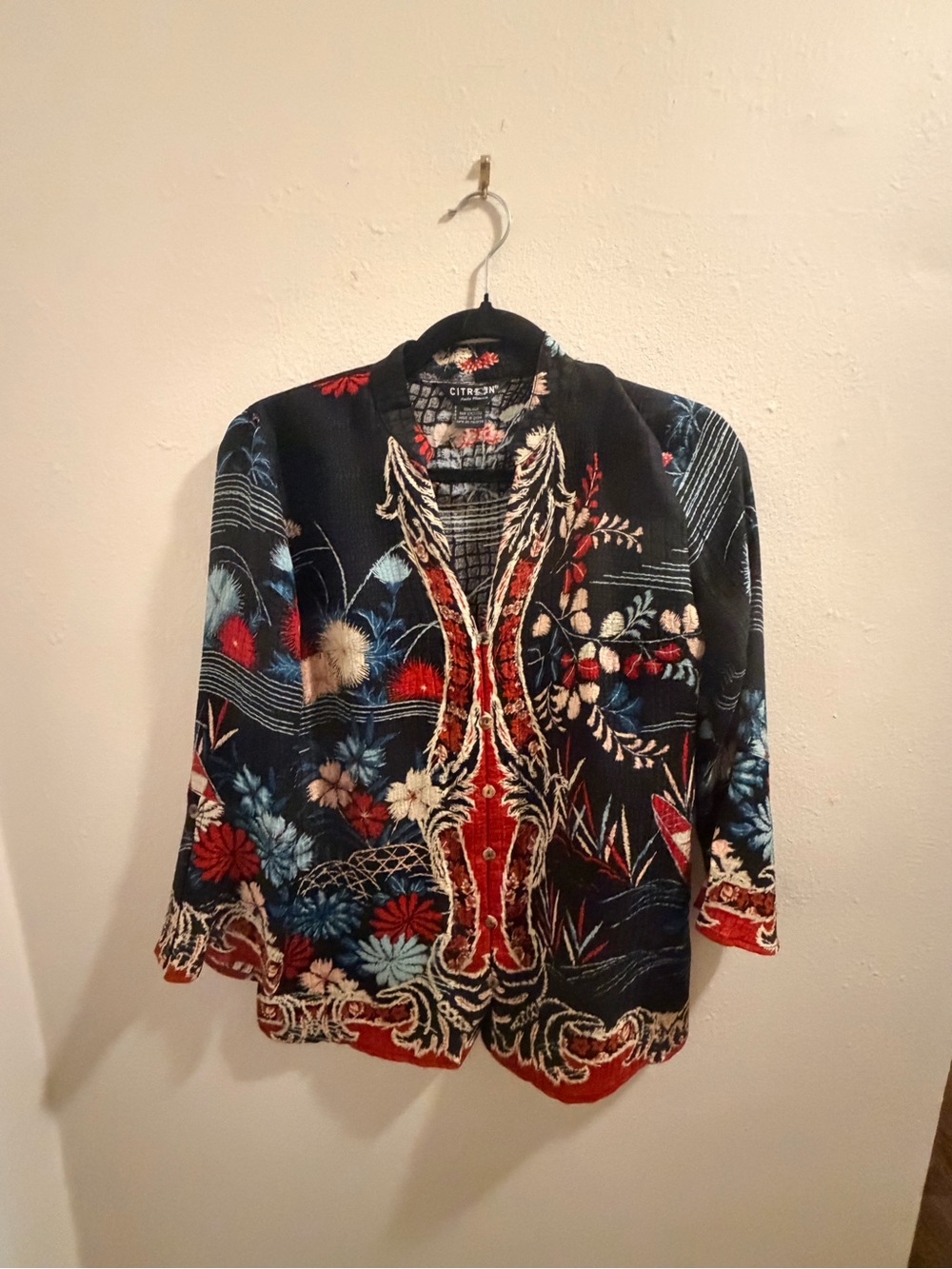 Citron Santa Monica Floral Silk Black Multicolor Button-Front Shirt